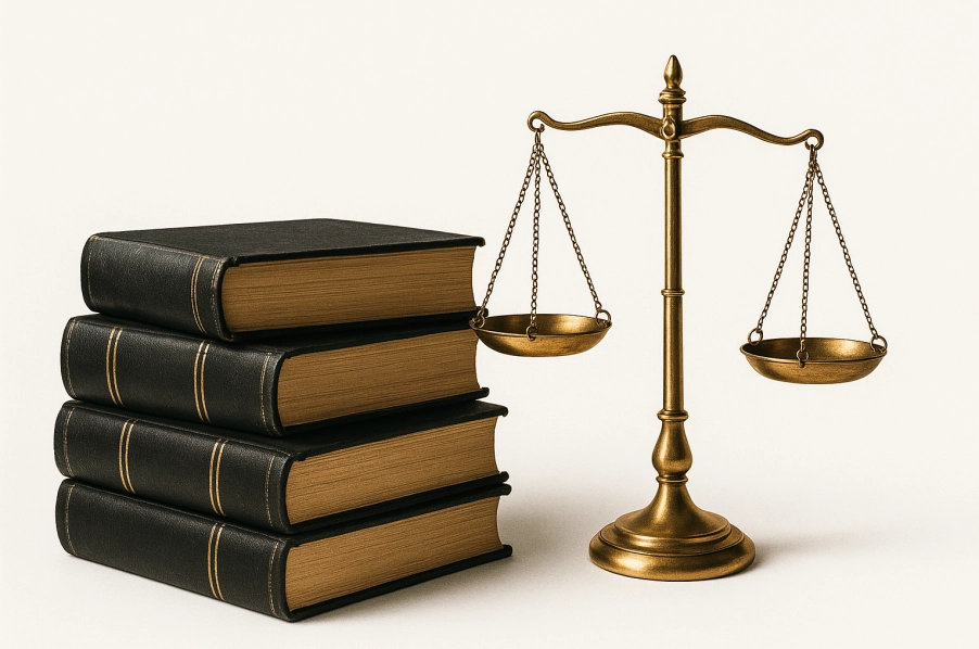 Stack of legal books with scales of justice